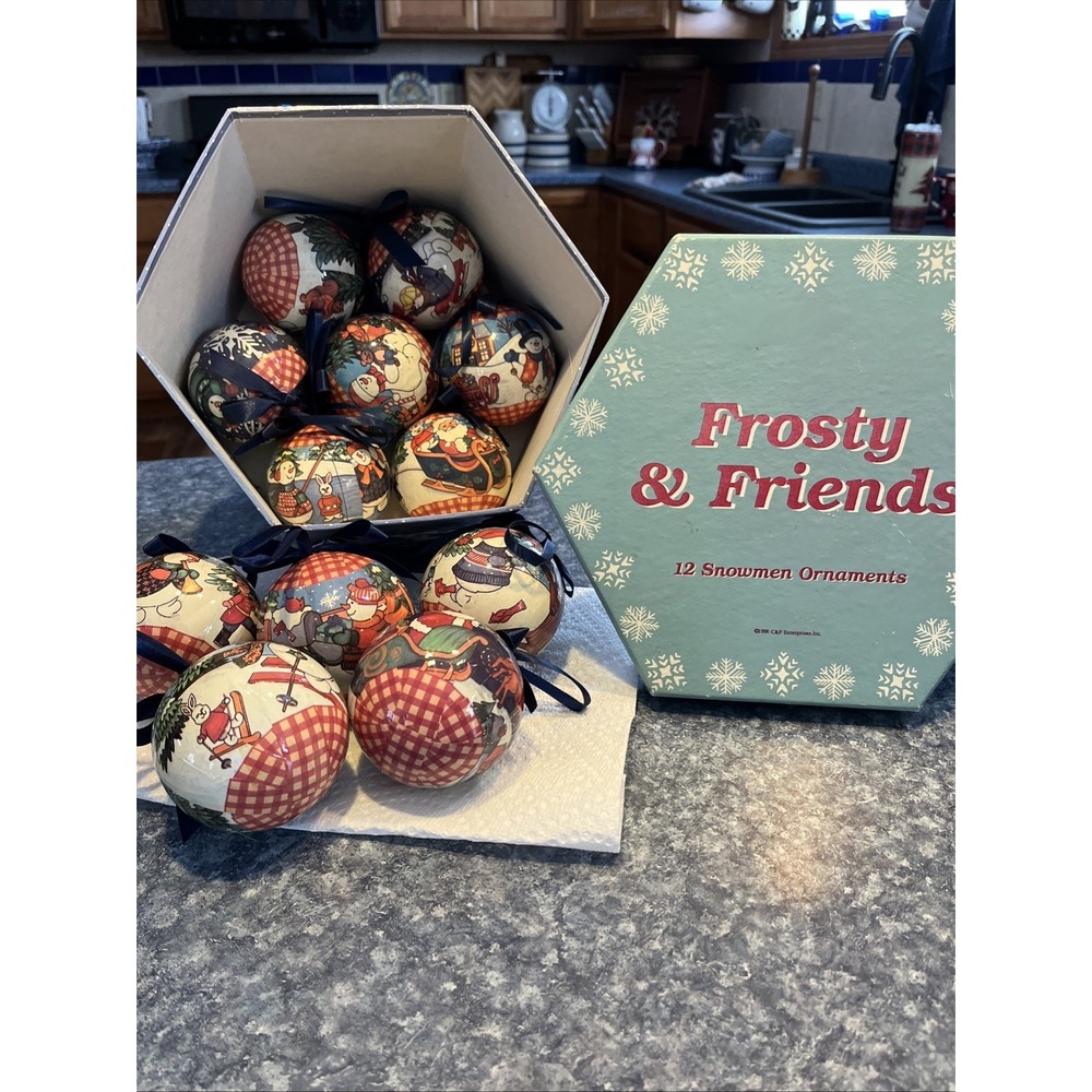 Set Of 12 Decoupaged Frosty the Snowman Frosty and Friends Ornaments In Box